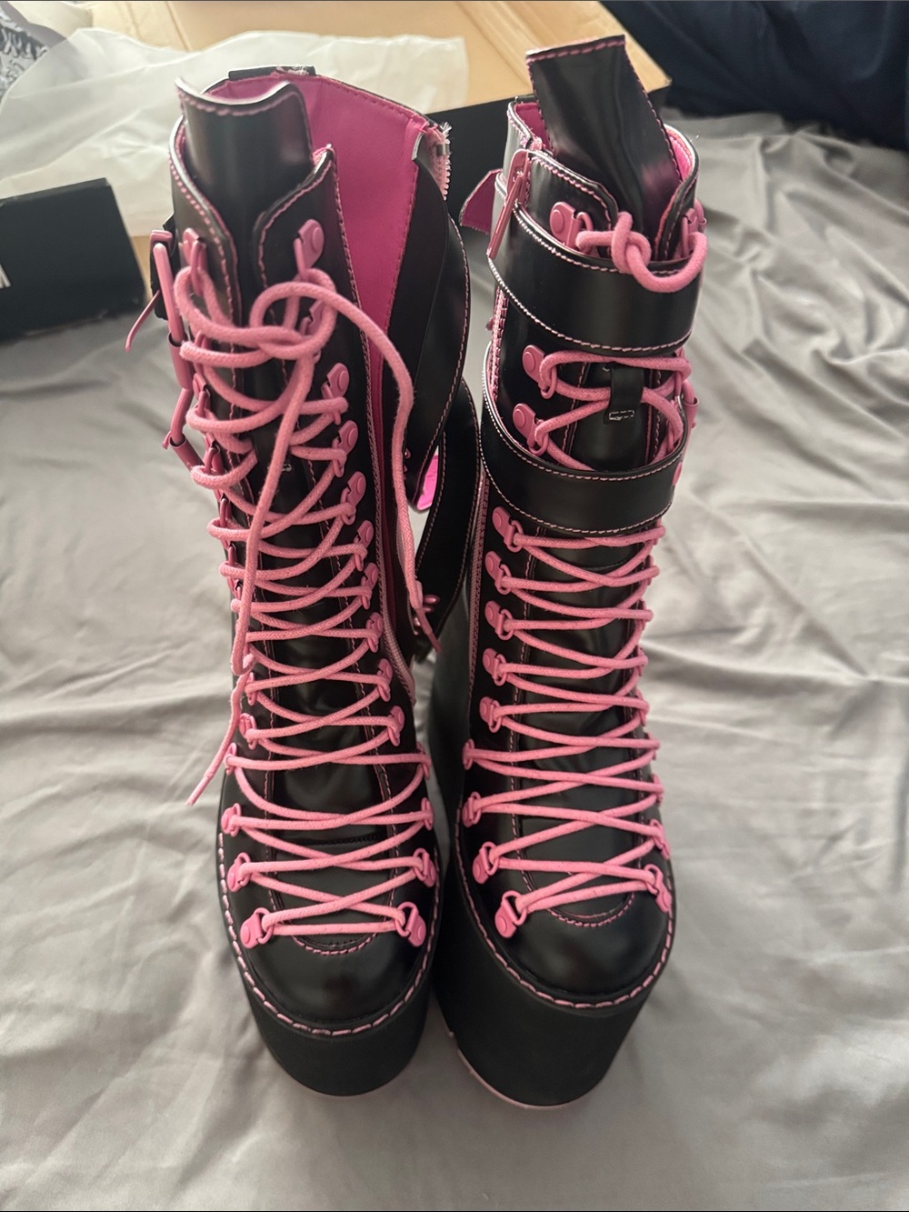 Current Mood Black Platform Lace-Up Boots with Pink Trim